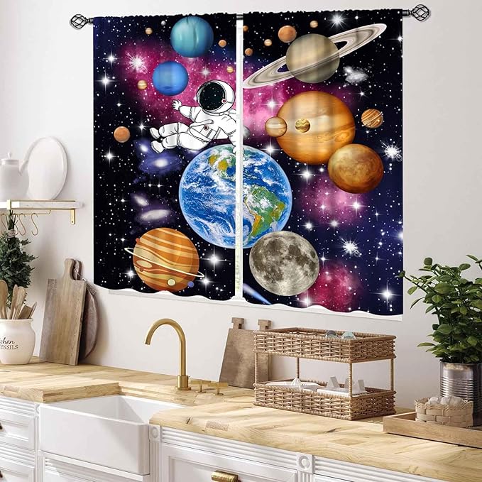 Galaxy Curtains for Bedroom, Solar System Universe Outer Space Planet Astronaut Blackout Window Drapery Treatments for Kids Boys Room Living Room Nursery Playroom 2 Panels, 55x39 Inch
