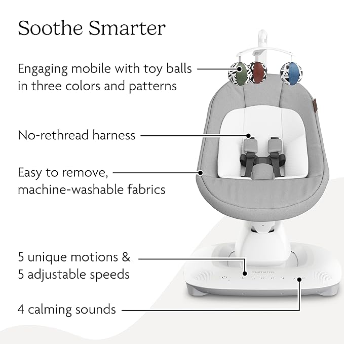 UPPAbaby Mamaroo Smart Swing – Customizable Soothing Modes with MotionSync Technology – Infant Recline + Bluetooth Enabled – Included Newborn Insert – Stella (Grey Mélange)