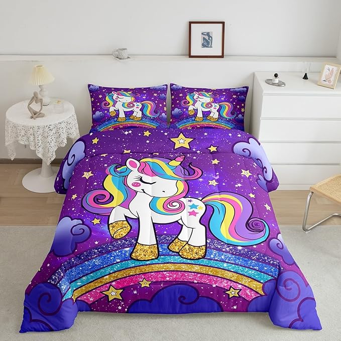 Feelyou Unicorn Bedding Twin Bed Sets for Girls Purple Cute Unicorn Comforter for Girls Comforter Set Star Print Kawaii Duvet Quilt Bedroom Decor Rainbow Bedding Cartoon Quilt,All Season