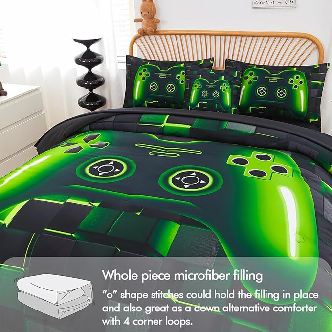 PERFEMET 6 Pcs Gaming Bedding Set Queen Size Green Game Console Kids Bed in A Bag 3D Black Gamer Comforter Set with Sheets for Boys Teen Lightweight Video Gamepad Bedroom Set(Green, Queen)