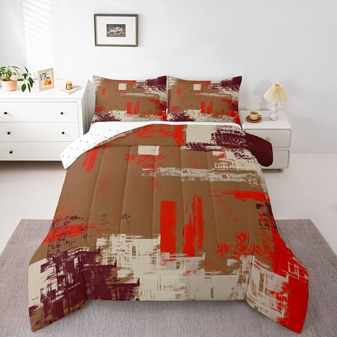 Feelyou Abstract Bedding Set Kids Modern Abstract Art Comforter Set Brown Orange Comforter for Boys Room Decor Lightweight Retro Duvet Set Queen Size with 2 Pillow Case