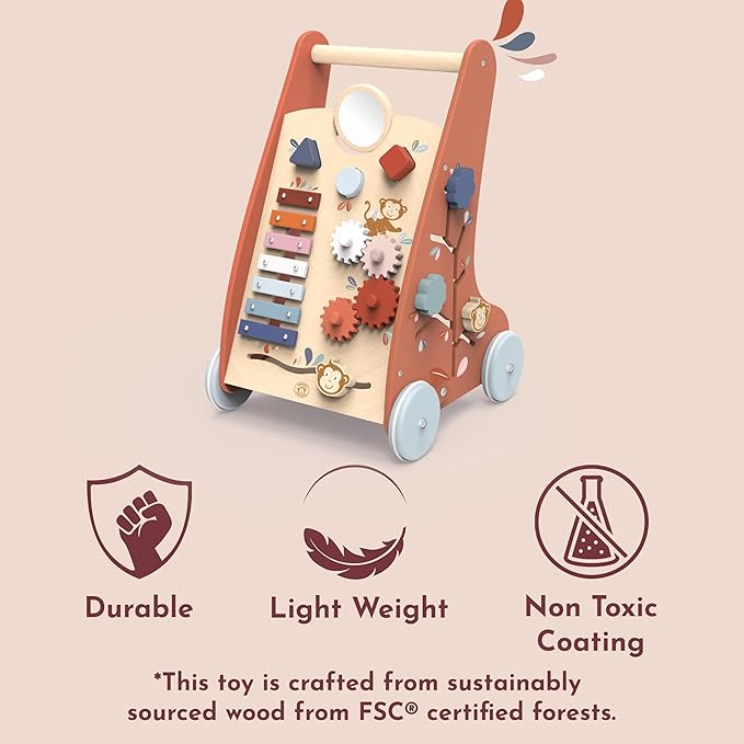 SPEEDY MONKEY Multi-Activity Wooden Baby Walker | 9-in-1 Toddler Toy Includes Shape Sorter, Bead Maze, Xylophone, Blocks & More | Learning Toy for Fine Motor Skill, Early Development & Balance