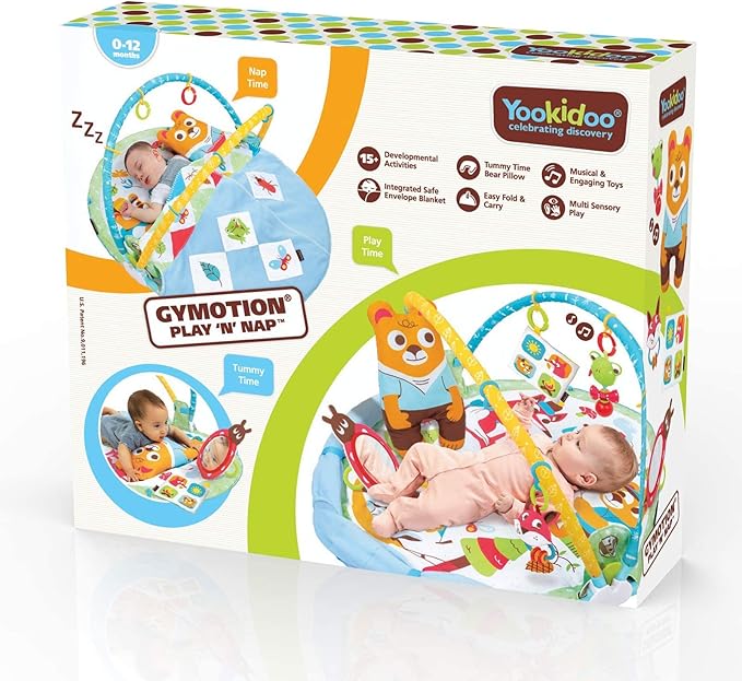 Yookidoo Baby Gym Play 'N’ Nap. 3-in-1 Activity Playmat with Foldable Infant Blanket. Tummy Time Pillow & Mirror, Sensory Toys and Newborn Rattle for 0-12 Months.