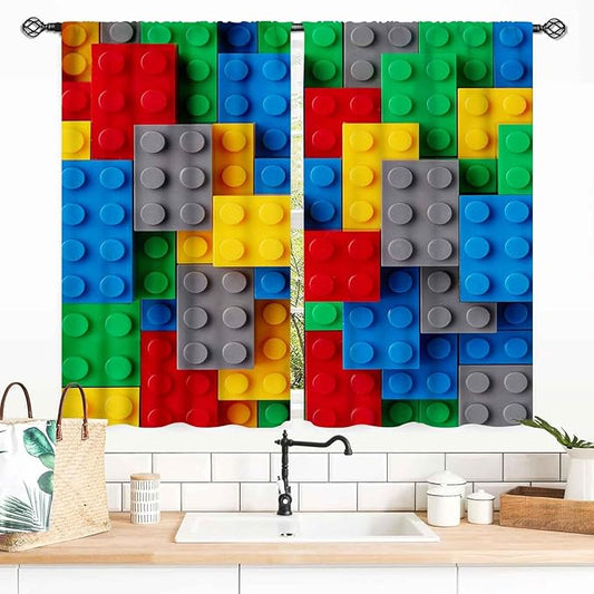 Building Blocks Blackout Curtains, Kids Boys Abstract Colorful Geometric Brick Constructor Curtains Bedroom Playroom Living Room Abstract Window Treatments Drapery 2 Panel, 55x39 Inch