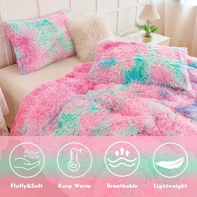 PERFEMET Fluffy Full Size Comforter Sets for Girls 3Pcs Luxury Soft Pink Blue Faux Fur Comforters for Kids Teens Warm Cozy Tie Dyed Velvet Fuzzy Plush Bedding Set(Pink Blue, Full)