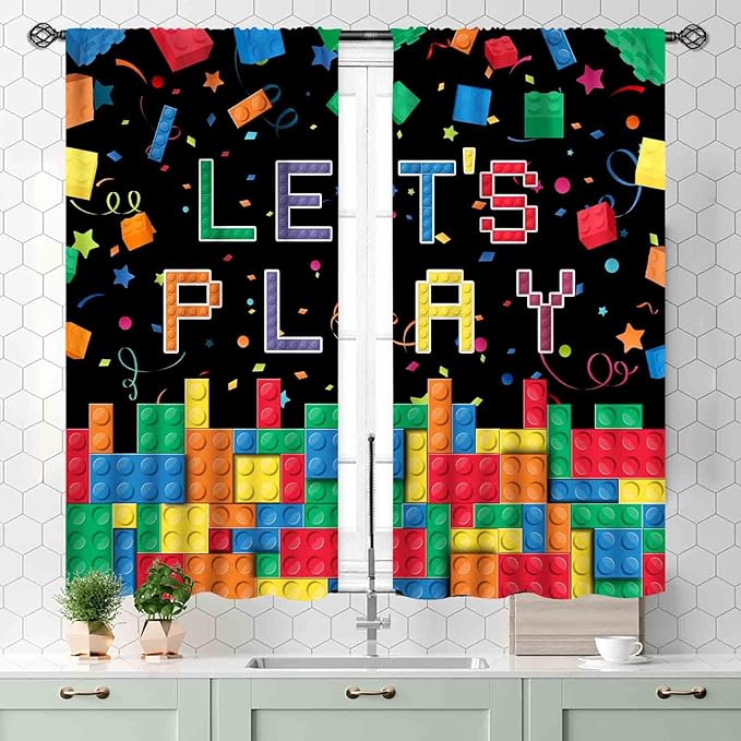 Kids Boys Curtains for Bedroom, Colorful Building Blocks Plastic Brick Pattern Abstract Contour Printed Blackout Drapes for Boys Room Living Room Nursery Party Decor 2 Panels, 55x39 Inch