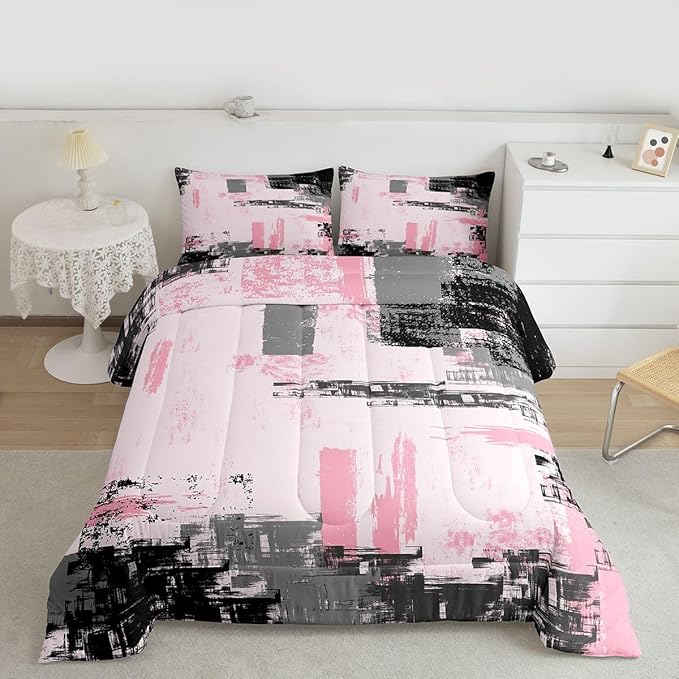Feelyou Abstract Bedding Set Kids Modern Abstract Art Comforter Set Pink Black Comforter for Boys Room Decor Lightweight Retro Duvet Set Twin Size with 1 Pillow Case