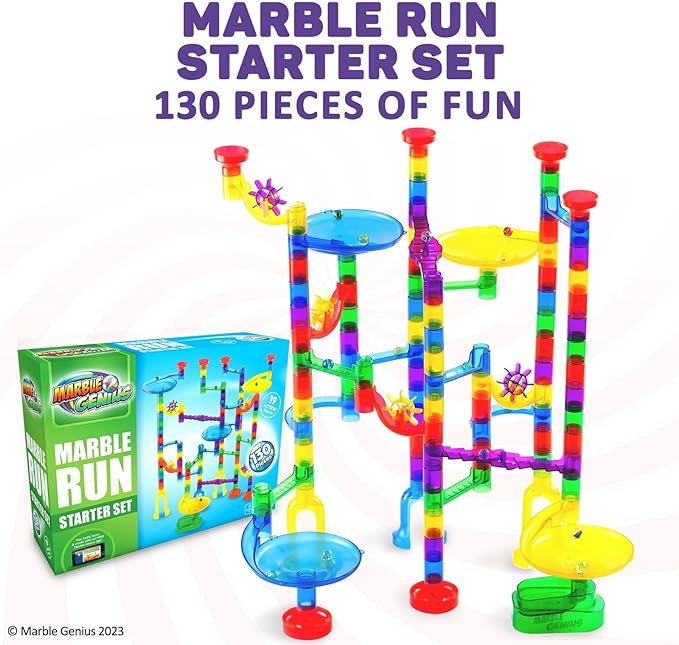 Marble Genius Marble Run Starter Set, STEM Toys & Maze Construction Building - 130 Translucent Track Pieces & Glass Marbles for Family, Kids Toddlers Ages 4-8 - Fun Holiday Gifts
