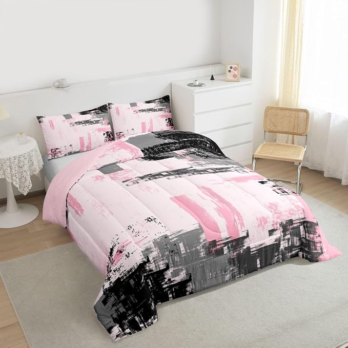 Feelyou Abstract Bedding Set Kids Modern Abstract Art Comforter Set Pink Black Comforter for Boys Room Decor Lightweight Retro Duvet Set Twin Size with 1 Pillow Case