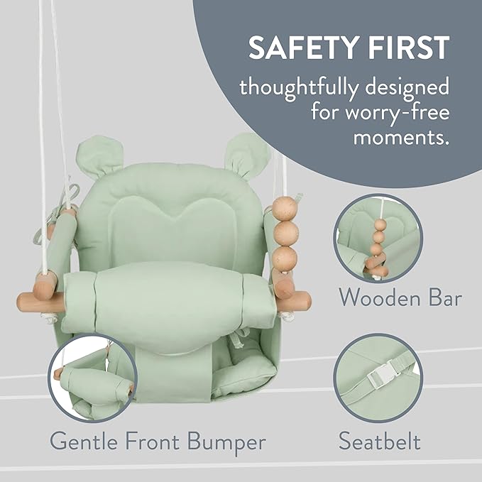 Monkey & Mouse Baby Swing, Pale Green Indoor Outdoor Portable Hanging Chair - Infant & Toddler Kids 6 Months - 4 Years, Cotton Canvas & Beech Wood Frame, Sensory Hammock Boy & Girl Seat w/Wooden Toys