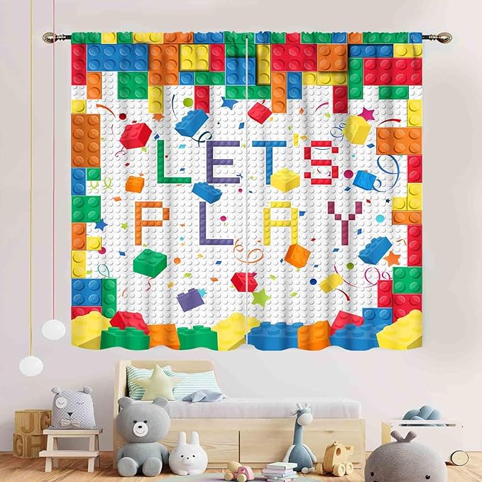 Building Blocks Curtains for Boys Room, Abstract Colorful Plastic Building Brick Blocks Geometric Printed Pattern Window Treatment Drapes for Kids Baby Bedroom Living Room, 42"x63" Inch