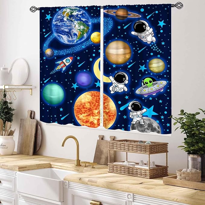 Space Curtains, Kids Boys Solary System Universe Outer Space Planet Astronaut Galaxy Blackout Window Drapery Treatments for Living Room Nursery Playroom 2 Panels, 55x39 Inch