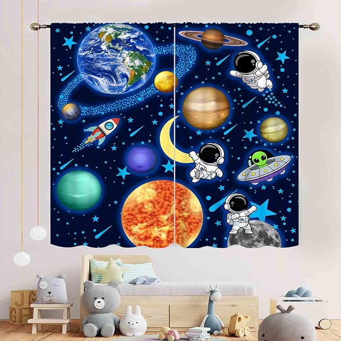 Space Curtains, Kids Boys Solary System Universe Outer Space Planet Astronaut Galaxy Blackout Window Drapery Treatments for Living Room Nursery Playroom 2 Panels, 63"x72" Inch
