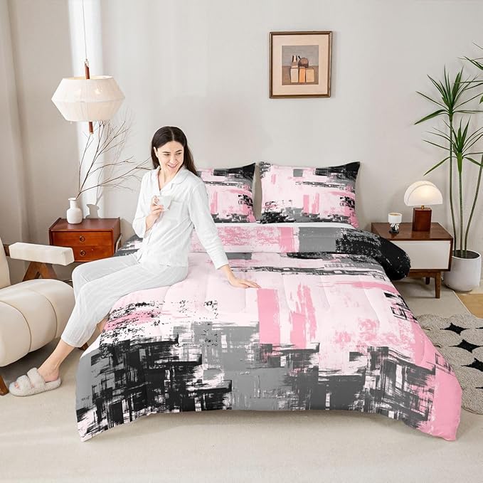 Feelyou Abstract Bedding Set Kids Modern Abstract Art Comforter Set Pink Black Comforter for Boys Room Decor Lightweight Retro Duvet Set Twin Size with 1 Pillow Case