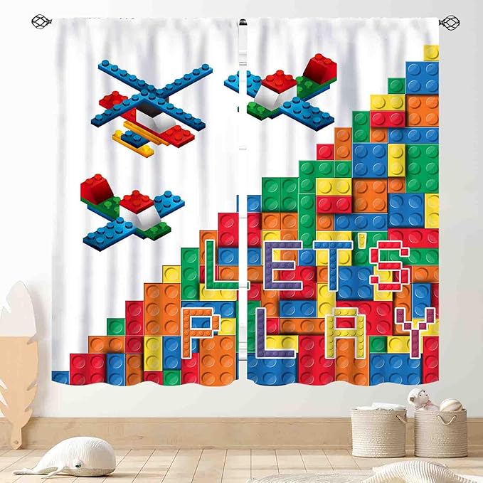Building Blocks Curtains for Boys Room, Abstract Colorful Plastic Building Brick Blocks Geometric Helicopter Aircraft Pattern Window Drapes for Baby Bedroom Living Room, 42"x45" Inch