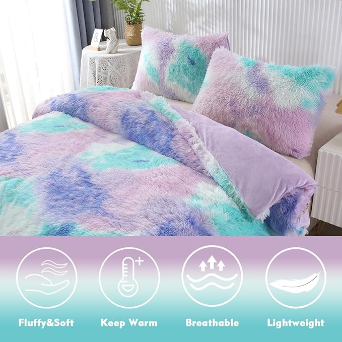 PERFEMET 3 Pcs Faux Fur Purple Comforter Set Queen Fluffy Shaggy Tie Dye Bedding Set for Girls Colorful Rainbow Ultra Soft Plush Velvet Furry Bedding Quilt Set(Purple, Queen)