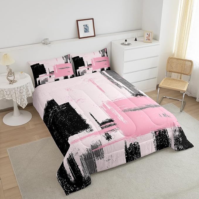 Feelyou Abstract Comforter Modern Abstract Art Comforter Set for Boys Girls Children Pink Black Pattern Bedding Set Room Decor Twin Size Duvet Set 2Pcs