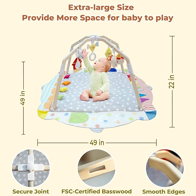 Kizfarm Baby Play Gym Mat, 5 Developmental Zones Wooden Tummy Time Mat, Baby Activity Mat for Floor with 5 Detachable Sensory Toys, Stage-Based Development from Infant to Toddler, Baby Essentials Gift