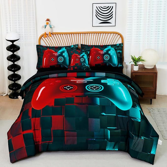 PERFEMET 6 Pcs Gamer Bed Set Twin Size Red and Teal Game Console Kids Bed in A Bag Set Soft Fluffy 3D Cool Teen Boys Gaming Comforter Set with Bed Sheet(Red Teal, Twin)