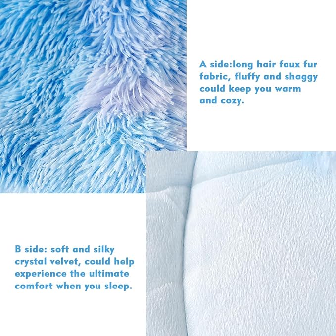 PERFEMET 3 Pcs Fluffy Faux Fur Comforter Full Size Plush Flannel Furry Blue Bedding Set Soft Tie Dye Velvet Fuzzy Comforter Set for Girls(Blue, Full)