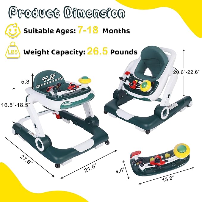 6 in 1 Baby Walker, Baby Activity Center for Toddler, Walker Rocker Bouncer w/Adjustable Height Speed, Learning-Seated & Walk-Behind, Infant Walker w/Feeding Tray & Music Toys, Green