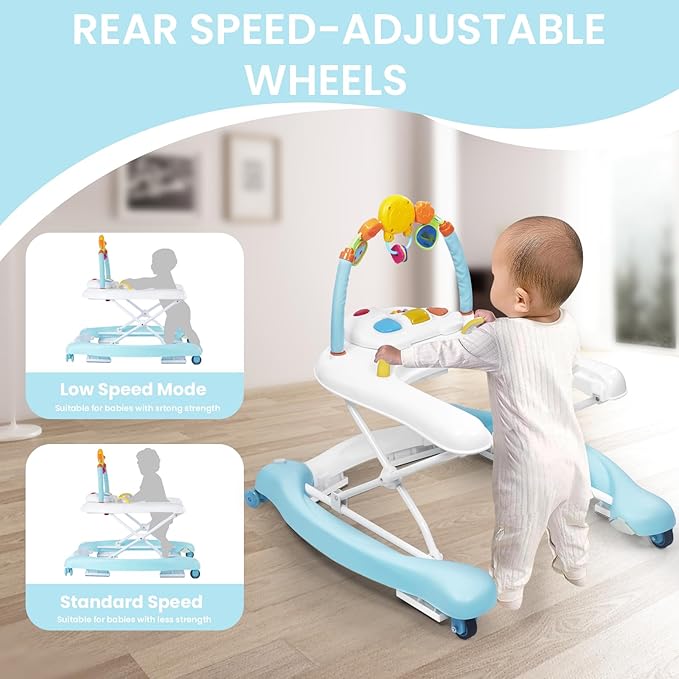 Baby Walker, 5-in-1 Baby Walkers for Boys and Girls 6-12 Months with Bouncer, Removable Footrest, Feeding Tray & Music, Foldable & Adjustable Activity Walker for 6-18 Months Toddler Infant