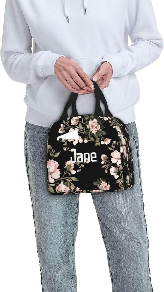 Custom Lunch Bag Watercolor Rose Pink Flower Black Personalized Insulated Lunch Box with Name Reusable Cooler Tote for Adults Student Girl Boy Work Office School Picnic Over 3 Years Old