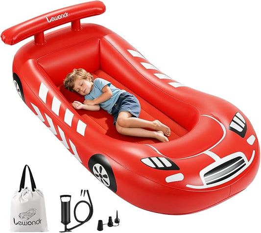 Lewondr Inflatable Kids Bed, Racecar Toddler Air Mattress with Safety Bumpers, Toddler Blow up Mattress with Hand Pump, Portable Toddler Travel Bed for Camping, Sleepovers, Vacation & Home, Red