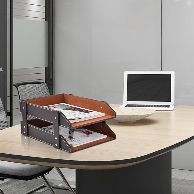 Leather Desk Organizer,2-Tier Stackable Letter Tray Holder,Office Supplies Desktop Storage Box for Document,Stationery,Magazines,Newspapers,Letters and Other Home Office Paper Sundries,Coffee