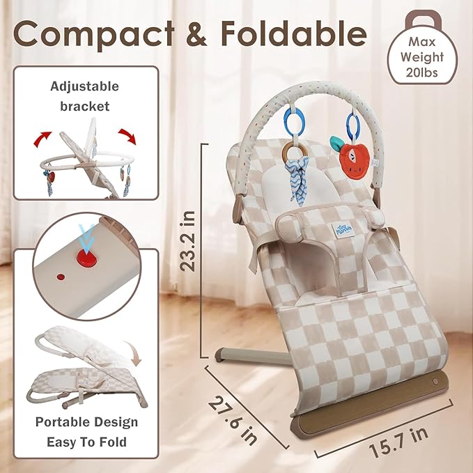 Tiny Marvels Baby Bouncer, 3-Point Harness Baby Bouncer Seat for Newborn Toddler, Portable Baby Rocking Chair with Sensory Toys and Music, Compact & Portable Baby sit up chair (Sand Checks)