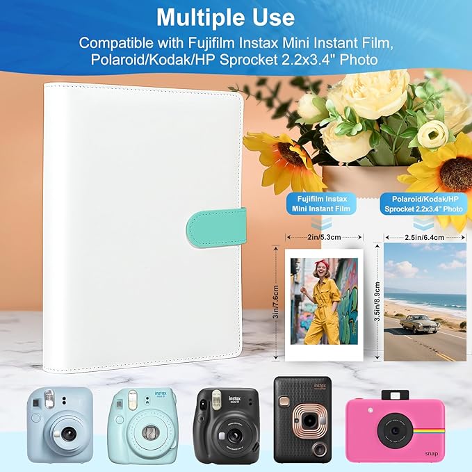 PU Leather Refillable Photo Album A5 Photocard Binder, 200 Pockets, Compatible with Fujifilm Instax Mini 12 11 9 40 99 90 8 7 Evo LiPlay, Polaroid Snap PIC-300 Z2300 Instant Cameras (Green)