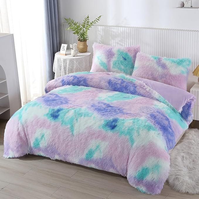 PERFEMET 3 Pcs Faux Fur Purple Comforter Set Queen Fluffy Shaggy Tie Dye Bedding Set for Girls Colorful Rainbow Ultra Soft Plush Velvet Furry Bedding Quilt Set(Purple, Queen)