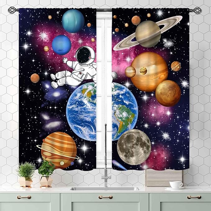 Galaxy Curtains for Bedroom, Solar System Universe Outer Space Planet Astronaut Blackout Window Drapery Treatments for Kids Boys Room Living Room Nursery Playroom 2 Panels, 55x39 Inch