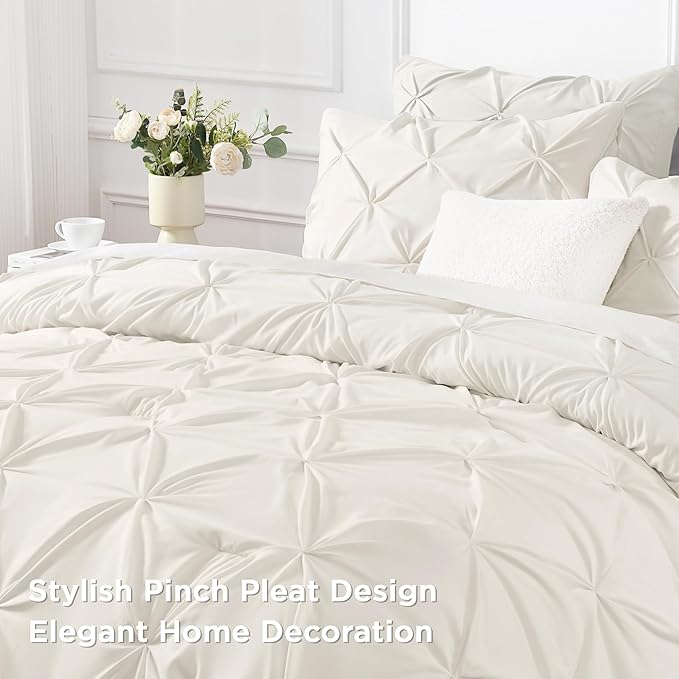 Andency Ivory Comforter Set Oversized Queen(98x98Inch), 3 Pieces Comforter for Girls Kids, Soft Microfiber Pinch Pleat Comforter Set, All Season Lightweight Bedding Set