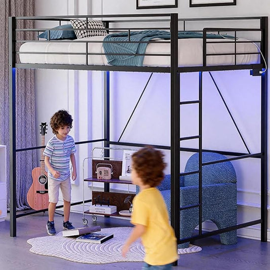 VINGLI Full Size Loft Bed with LED Lights and Charging Station, Heavy Duty Metal Double High Sleeper with 15 Inches Safety Guardrail and Flat Ladder for Teens Adults, Space Saving Design, Black