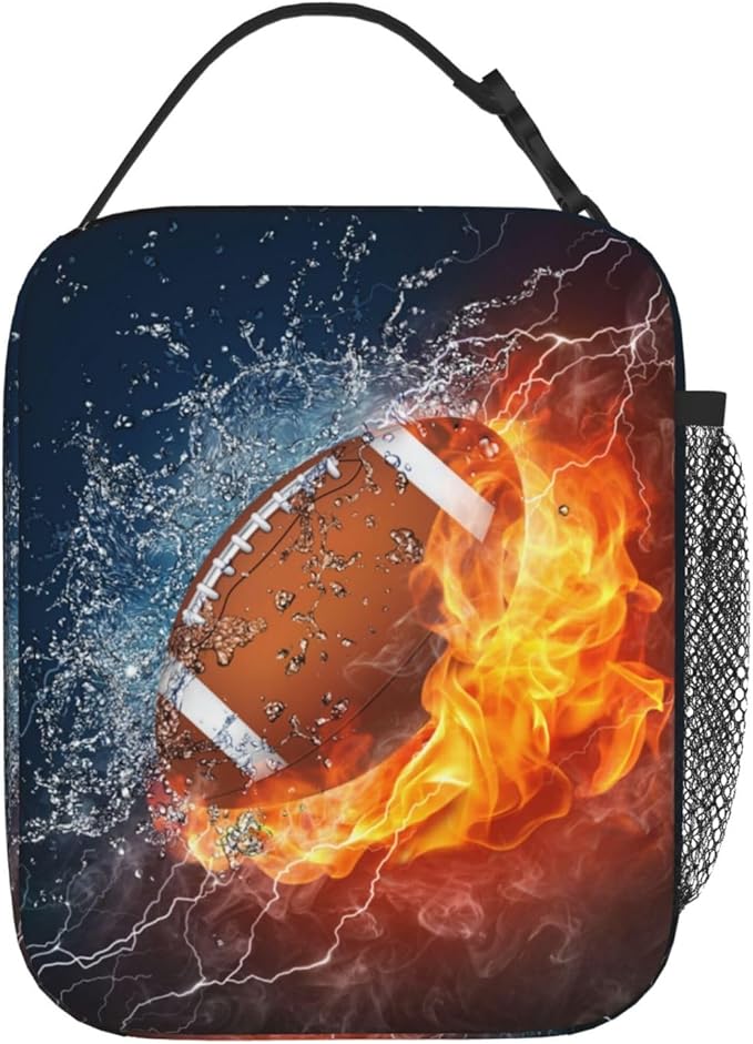 Sports-themed Football Lunch Box for Kids Teens Adults Boys Men, Insulated Leakproof Waterproof Reusable Lunch Bags with Water Bottle Holder, Portable Durable Cooler Tote Bag for School Work Travel