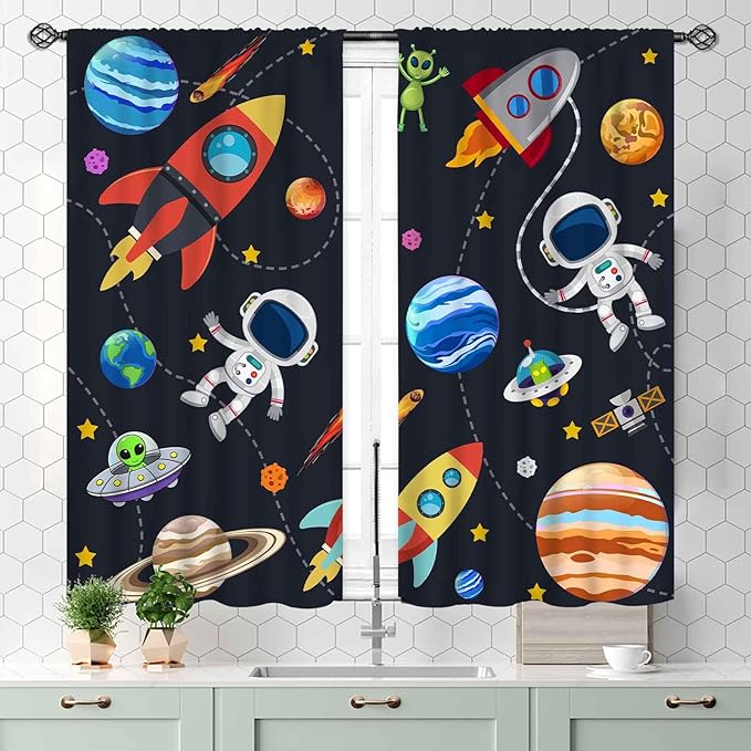 Kids Space Curtains for Boys Room, Cartoon Universe Galaxy Space Planet Astronaut Anime Boys Kids Girls Window Drapery Treatments for Bedroom Living Room Nursery 2 Panels, 55x39 Inch