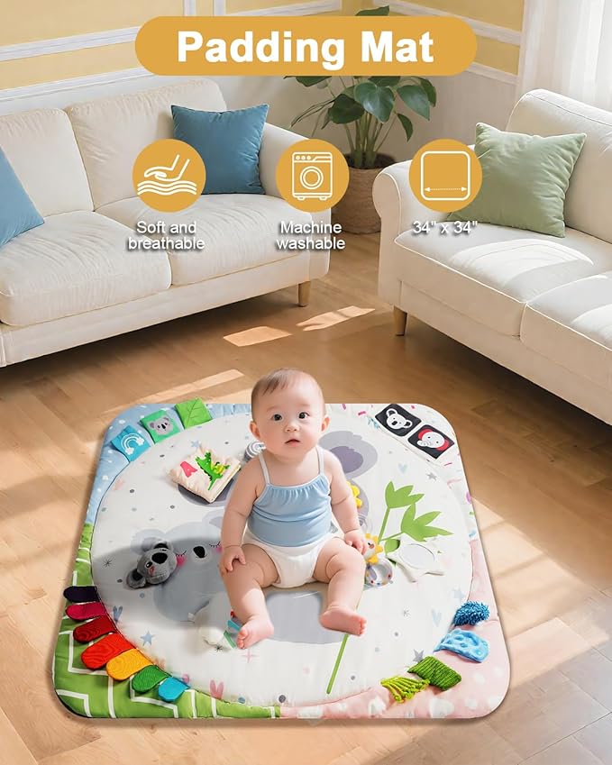 Baby Play Gym with 4 Developmental Zones – Tummy Time Mat & Activity Mat with 6 Sensory Toys, Visual Cards & Pillow – Baby Essentials & Ideal Gift for Newborns
