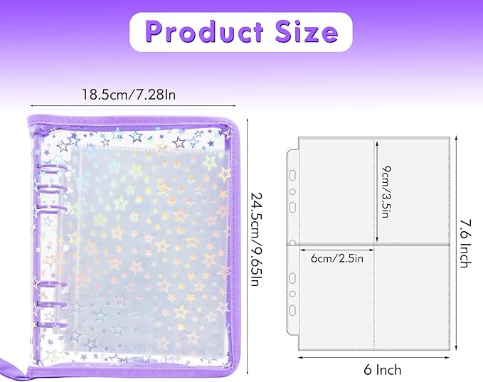 Kpop Photocard Binder Holder with 30 Pack 4-Pocket Inner Pages, A5 6 Ring Cover Album Book with Zipper for Organizing Trading Card (Purple)