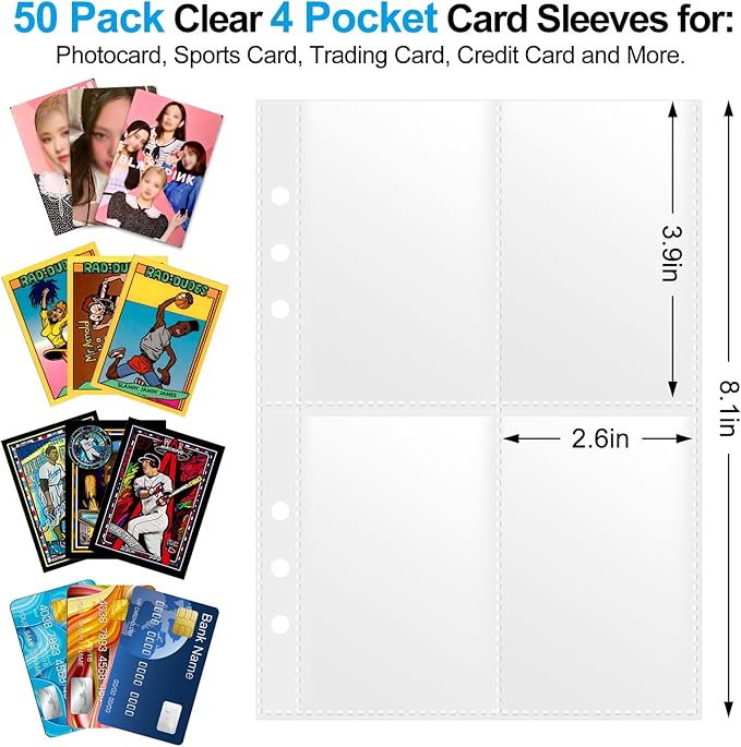 A5 4 Pocket Card Sleeves Binder Refill Pages – 50 Pack Stores 400 Cards – 6 Ring Insert Sheets for Kpop Photocards, Trading Cards, Sports Baseball Card Protector Holder
