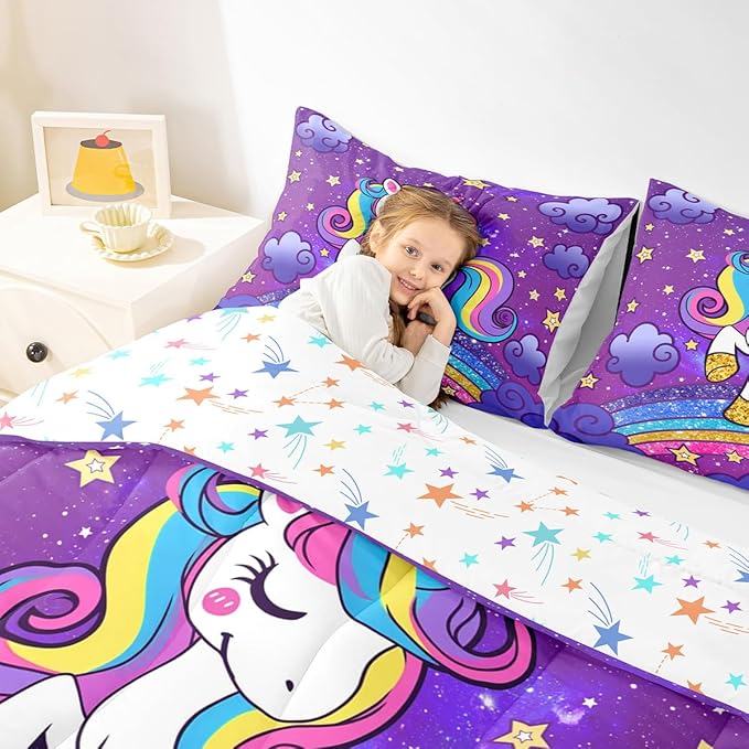 Feelyou Unicorn Bedding Toddler for Kids Girls Rainbow Comforter Set Ultra Soft Star Print Cute Unicorn Comforter for Girls Duvet Quilt Bedroom Decor Rainbow Bedding Cute Animal Decor Quilt