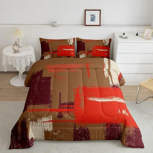 Abstract Bedding Set Comforter Set for Kids Boys Girls Teens Room Decor Modern Abstract Art Comforter Brown Orange Duvet Set 2Pcs Toddler Size