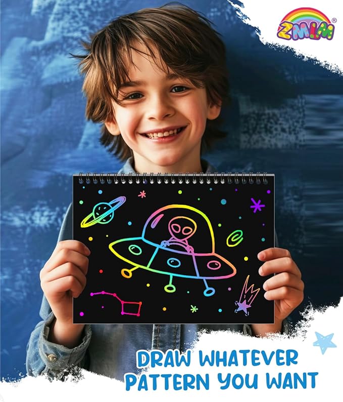 ZMLM Scratch Paper Art-Crafts Gift: 2 Pack Rainbow Notebooks Supplies Toys Easter Basket Stuffers for 3 4 5 6 7 8 9 10 Years Old Girls and Boys Kids Birthday Party Games (Blue)