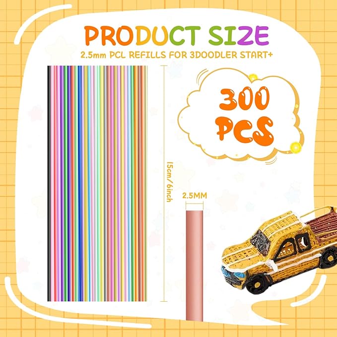 300 Pieces 3D Pen Refills Pack for 3Doodler Start+ Pen 30 Colors 2.5 mm Low Temperature 3D Pencil PCL Filaments Not Compatible with Other 3D Printing Pens