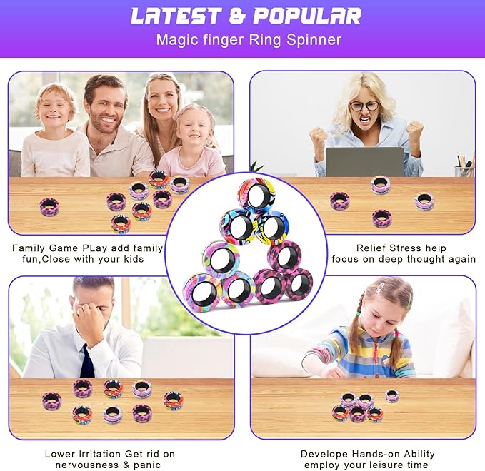 Cevioce 9Pcs Magnetic Rings Fidget Toy Set, ADHD Anxiety Magnetic Fidget Toys Adults Fidget Spinner Rings for Relief, Gifts for 8+ Year Old Teen Boy Girl C