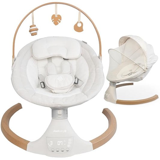 Jool Baby Nova Nature Baby Swing for Newborns with Natural Wood Toys, Electric Motorized Infant Swing, Bluetooth Music, Remote (Oatmeal)