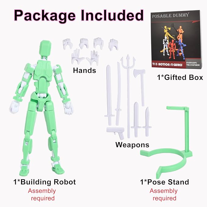 Creative Action Figure with Pose Stand,Building Toy Sets,3D Robot,Lucky Puppet Joints for Boys,Girls,Men,Women,Multi-Jointed Moveable Dummy Desk Decoration,Desktop Ornament for Game Lover (Green)