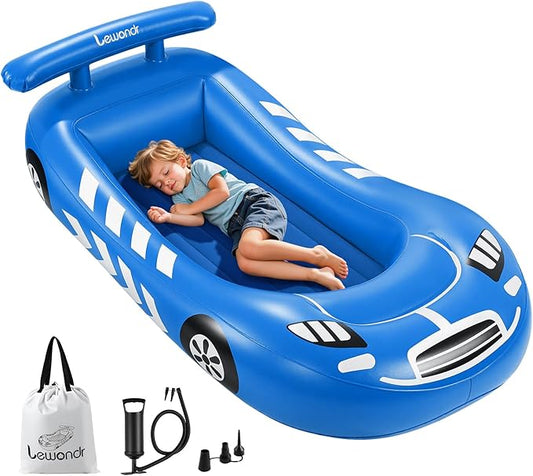 Lewondr Inflatable Kids Bed, Racecar Toddler Air Mattress with Safety Bumpers, Toddler Blow up Mattress with Hand Pump, Portable Toddler Travel Bed for Camping, Sleepovers, Vacation & Home, Blue
