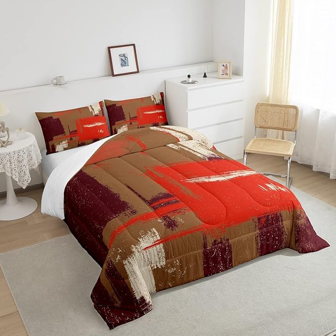 Abstract Bedding Set Comforter Set for Kids Boys Girls Teens Room Decor Modern Abstract Art Comforter Brown Orange Duvet Set 2Pcs Toddler Size
