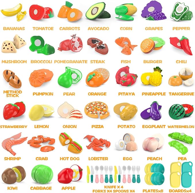 120 Pcs Cutting Play Food Toy for Multiple Kids with 2 Colors Storage Baskets, Kitchen Pretend Food Set for Toddler, Kitchen Toys Accessories, Fake Food/Fruit/Vegetable, Birthday Gifts for Boy Girl